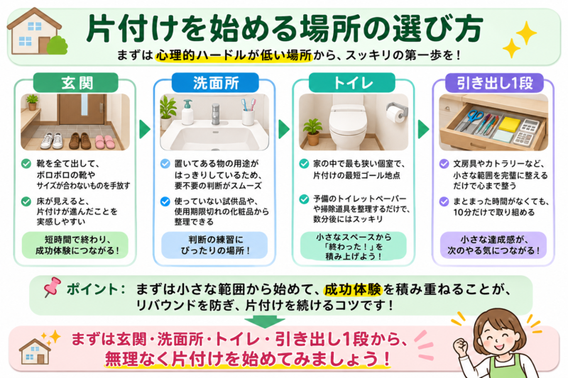 片付けを始める場所の選び方。玄関・洗面所・トイレ・引き出し1段など、小さな範囲から始める方法を紹介