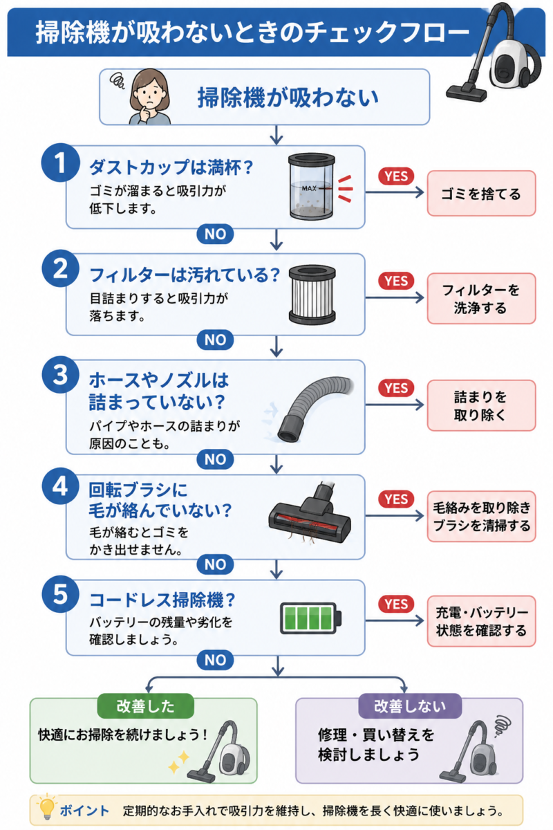 掃除機が吸わないときのチェックフロー