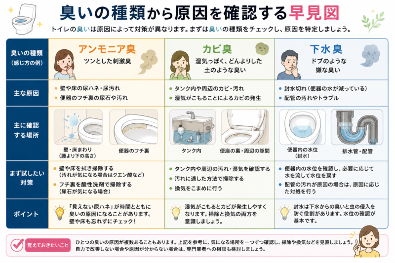 トイレの臭いの種類から原因を確認する早見図。アンモニア臭・カビ臭・下水臭ごとの原因と確認方法を紹介