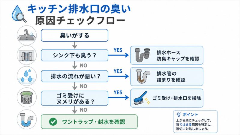 キッチン排水口の臭い 原因チェックフロー
