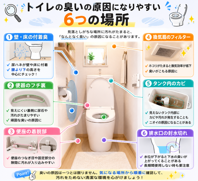 トイレの臭いの原因を確認する6つの場所。壁・床、便器のフチ裏、便座の着脱部、換気扇、タンク、封水を紹介