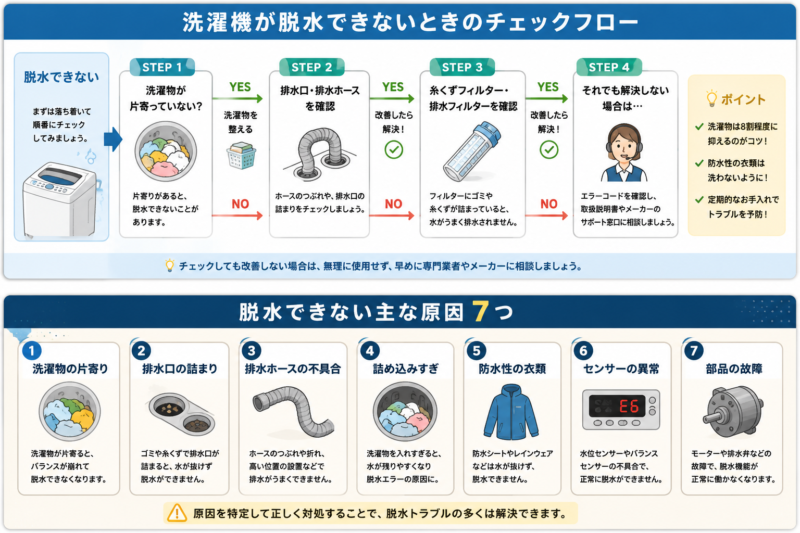 洗濯機が脱水できないときのチェックフロー
