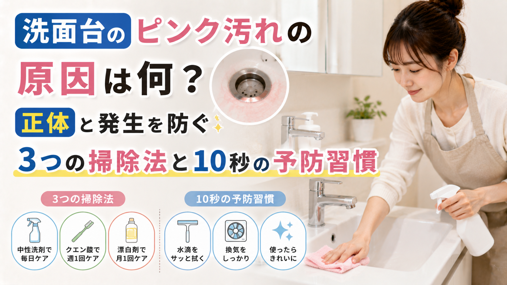 洗面台のピンク汚れの原因は何？正体と発生を防ぐ3つの掃除法と10秒の予防習慣